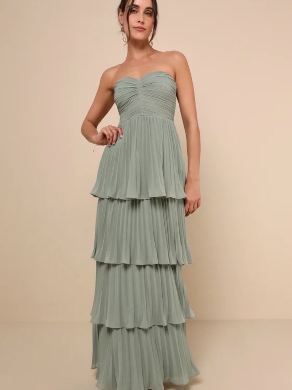 Lulus Sage Brush Strapless Tiered Maxi Dress
